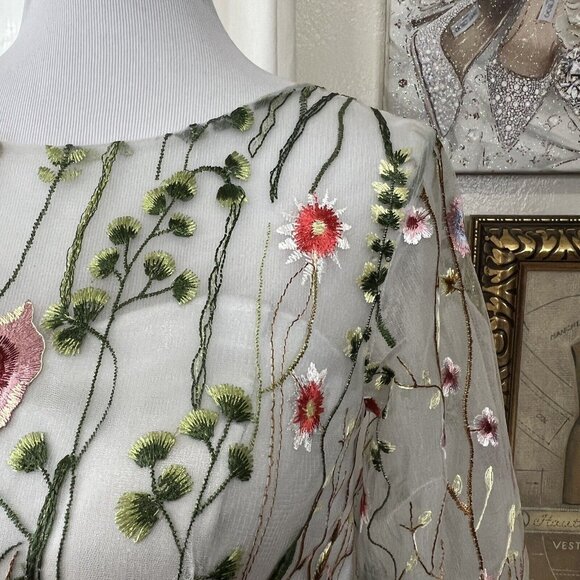 TS Couture Dress 14 Light Grey Embroidered Organza Floral Gown Evening Lace Up - Picture 3 of 13